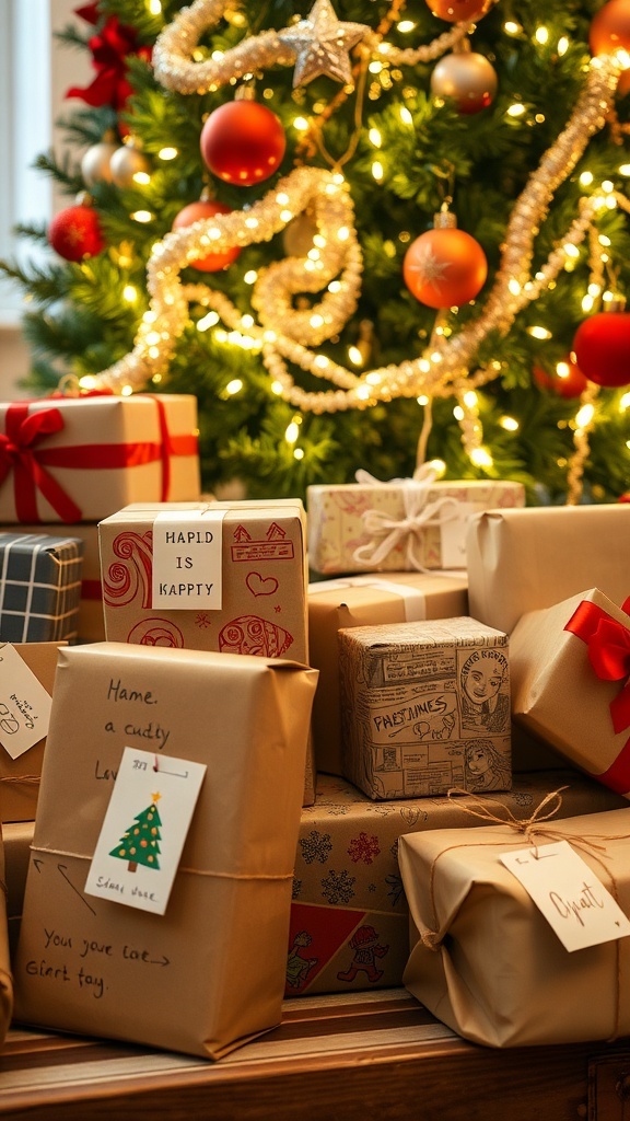 Creative Christmas Gift Wrap Ideas for Kids Colorfully wrapped Christmas gifts with drawings, comic book pages, and personalized tags under a Christmas tree.